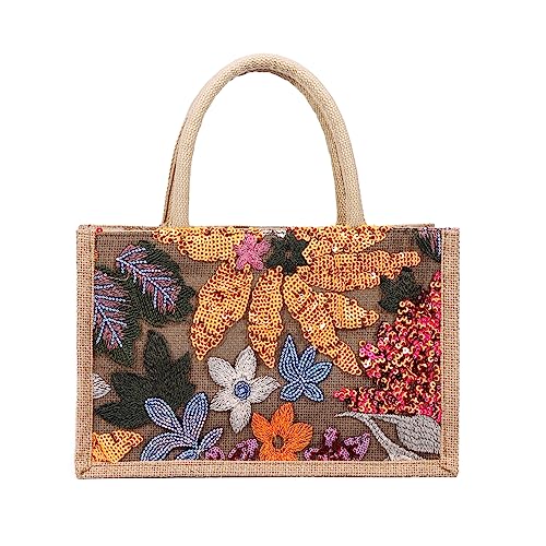 NICOLE & DORIS Jute Taschen Groß Shopper Tasche Damen Tote Leichte Einkaufstasche Faltbare Strandtasche Handtasche mit Stickerei Blume für Picknick Reisen Alltag Orange von NICOLE & DORIS