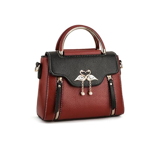 NICOLE & DORIS Kleine Damen Handtasche Umhängetasche mit Griff Schultertaschen PU Leder Mädchen Crossbody Bag Mini Henkeltasche Satchel Schwarz mit Rot von NICOLE & DORIS