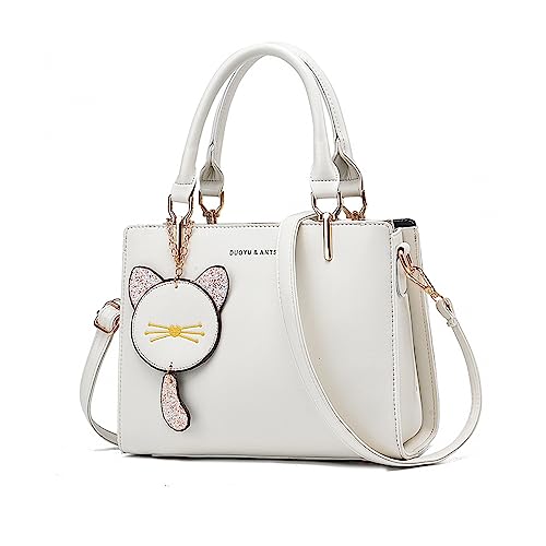 NICOLE & DORIS Kleine Handtasche Damen Süß Schultertaschen PU Leder Umhängetasche Mini Handtasche Mädchen Kuriertaschen Crossbody Bag mit Katzen Anhänger Weiß von NICOLE & DORIS