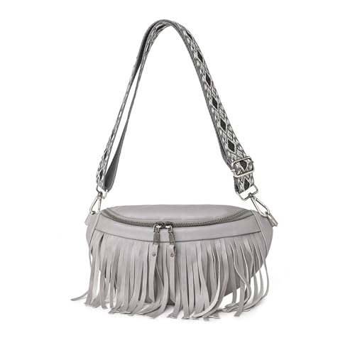 NICOLE & DORIS Kleine Umhängetaschen Damen Retro Schultertaschen PU Leder Satchel Tasche mit Quaste Crossbody Bag Brusttasche Fransentasche Grau von NICOLE & DORIS