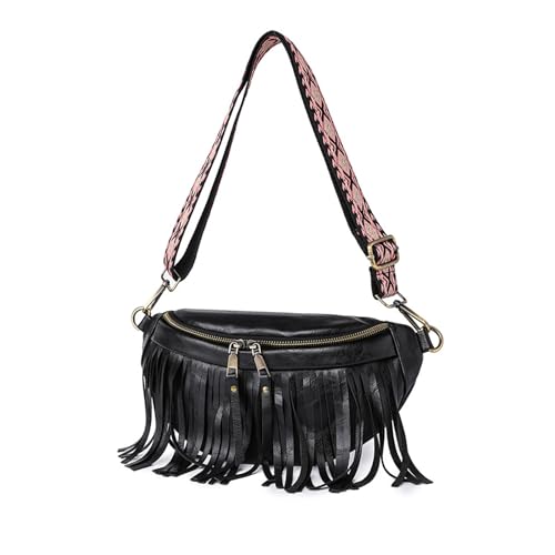 NICOLE & DORIS Kleine Umhängetaschen Damen Retro Schultertaschen PU Leder Satchel Tasche mit Quaste Crossbody Bag Brusttasche Fransentasche Schwarz von NICOLE & DORIS