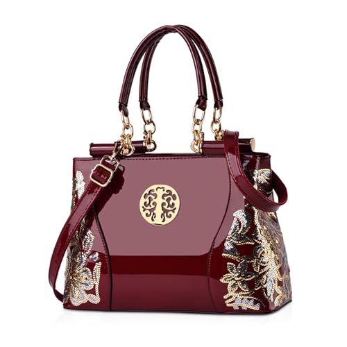 NICOLE & DORIS Lackleder Handtasche Damen Umhängetaschen Elegante Schultertasche Frauen Shopper großer Kapazität Henkeltasche mit Stickerei Rotwein von NICOLE & DORIS