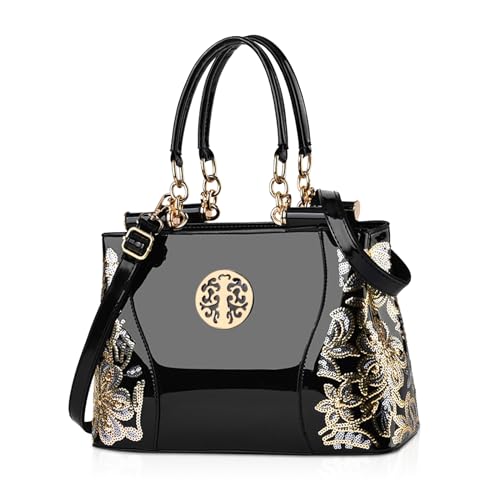NICOLE & DORIS Lackleder Handtasche Damen Umhängetaschen Elegante Schultertasche frauen shopper großer Kapazität Henkeltasche mit Stickerei Schwarz von NICOLE & DORIS