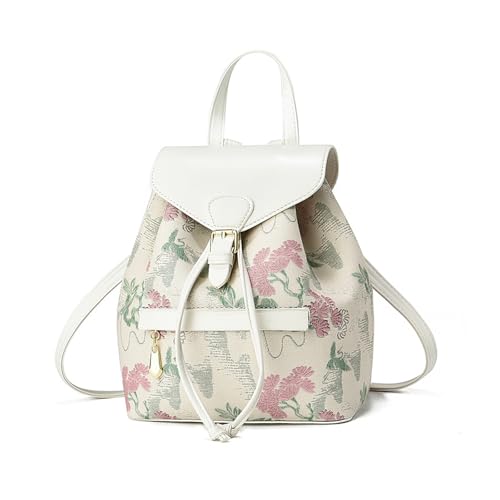 NICOLE & DORIS Mini Rucksack Damen Blumen Rucksack Damen Klein Elegant Cityrucksack Daypack PU Leder Rucksäcke Süß Mädchen Anti Diebstahl Rucksack mit Klappe Beige von NICOLE & DORIS
