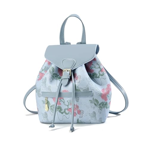 NICOLE & DORIS Mini Rucksack Damen Blumen Rucksack Damen Klein Elegant Cityrucksack Daypack PU Leder Rucksäcke Süß Mädchen Anti Diebstahl Rucksack mit Klappe Blau von NICOLE & DORIS