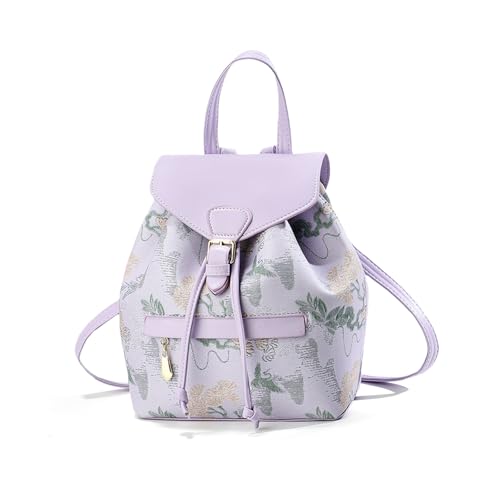 NICOLE & DORIS Mini Rucksack Damen Blumen Rucksack Damen Klein Elegant Cityrucksack Daypack PU Leder Rucksäcke Süß Mädchen Anti Diebstahl Rucksack mit Klappe Lila von NICOLE & DORIS