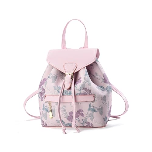NICOLE & DORIS Mini Rucksack Damen Blumen Rucksack Damen Klein Elegant Cityrucksack Daypack PU Leder Rucksäcke Süß Mädchen Anti Diebstahl Rucksack mit Klappe Rosa von NICOLE & DORIS