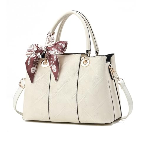 NICOLE & DORIS Mittelgroße Handtasche Elegant Damen Schultertasche Henkeltasche mit Vielen Fächern Umhängetasche PU Leder Tote Tasche with Seidentuch Cremeweiß von NICOLE & DORIS