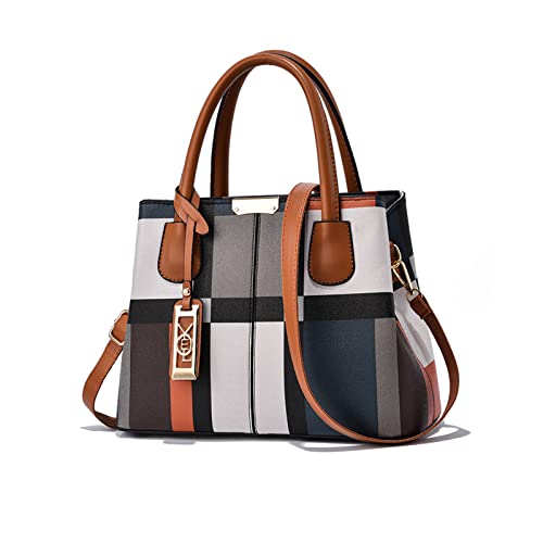 NICOLE & DORIS Mode Handtasche Damen Klassische Handtasche Karierte Tasche PU Leder Schultertasche Henkeltasche Frauen Umhängetasche Designer Tote Bag mit Anhänger Braun von NICOLE & DORIS