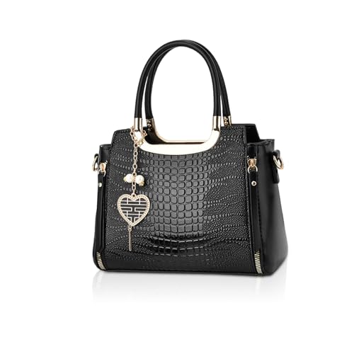 NICOLE & DORIS Mode Handtaschen Damen Schultertaschen Elegant Henkeltasche PU Leder Umhängetasche Crossbody Bag Krokodil Handtasche mit Anhänger Schwarz von NICOLE & DORIS