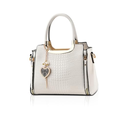 NICOLE & DORIS Mode Handtaschen Damen Schultertaschen Elegant Henkeltasche PU Leder Umhängetasche Crossbody Bag Krokodil Handtasche mit Anhänger Weiß von NICOLE & DORIS