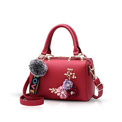 NICOLE & DORIS Damen Handtaschen Klein Umhängetasche Blumen Henkeltasche Floral Handtaschen Schultertasche mit Pompom Anhänger Crossbody Bag Designer Tasche Weinrot von NICOLE & DORIS