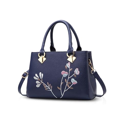 NICOLE & DORIS Handtasche Damen Modern Schultertasche Elegant Henkeltasche mit Stickerei Blume Umhängetasche PU Leder Blau von NICOLE & DORIS