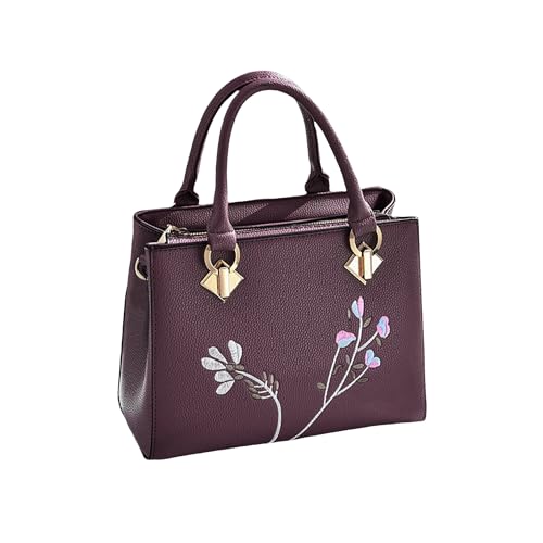 NICOLE & DORIS Handtasche Damen Modern Schultertasche Elegant Henkeltasche mit Stickerei Blume Umhängetasche PU Leder Lila von NICOLE & DORIS