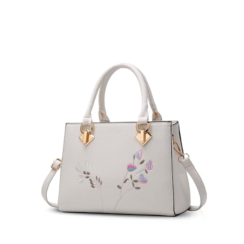 NICOLE & DORIS Handtasche Damen Modern Schultertasche Elegant Henkeltasche mit Stickerei Blume Umhängetasche PU Leder Weiß von NICOLE & DORIS