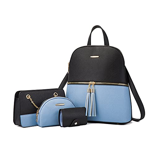 NICOLE & DORIS Rucksack Damen Klein Casual Daypack Elegant Wasserdicht Damenrucksack PU Leder Tagesrucksack Farbblock Umhängetasche Damen Rucksack-4 Set Blau mit Schwarz von NICOLE & DORIS