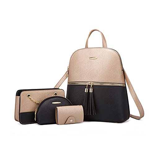 NICOLE & DORIS Rucksack Damen Klein Casual Daypack Elegant Wasserdicht Damenrucksack PU Leder Tagesrucksack Farbblock Umhängetasche Damen Rucksack-4 Set Schwarz mit Gold von NICOLE & DORIS