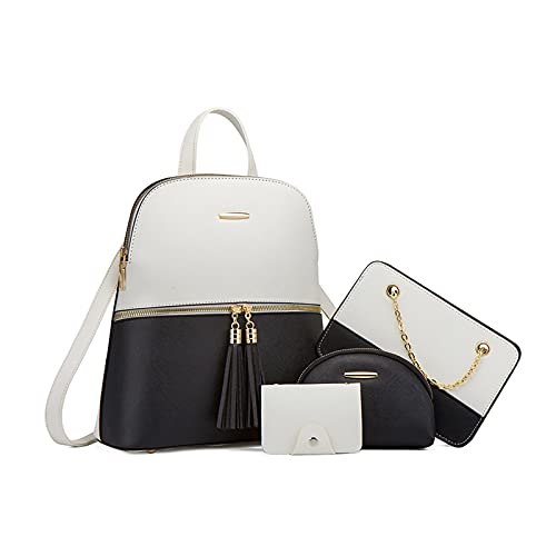 NICOLE & DORIS Rucksack Damen Klein Casual Daypack Elegant Wasserdicht Damenrucksack PU Leder Tagesrucksack Farbblock Umhängetasche Damen Rucksack-4 Set Schwarz und weiß von NICOLE & DORIS