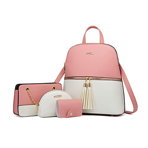 NICOLE & DORIS Rucksack Damen Klein Casual Daypack Elegant Wasserdicht Damenrucksack PU Leder Tagesrucksack Farbblock Umhängetasche Damen Rucksack-4 Set Weiß mit Puder von NICOLE & DORIS