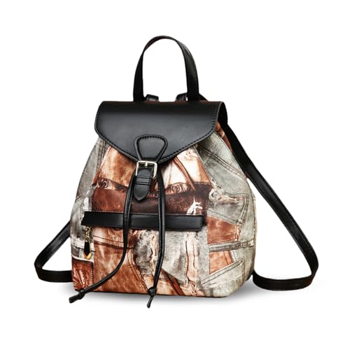 NICOLE & DORIS Rucksack Damen Klein Elegant Mini Rucksäcke mit Bedruckt Daypack Cityrucksack PU Leder Retro Anti Diebstahl Rucksack für Reisen, Arbeiten, Einkaufen Schwarz von NICOLE & DORIS