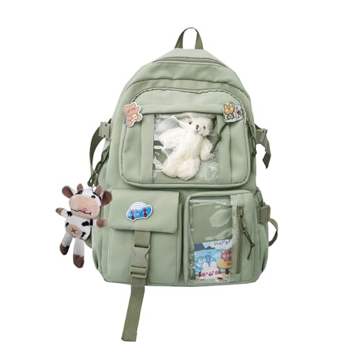NICOLE & DORIS Rucksack Damen Niedlicher Schulrucksack Daypack Kawaii Rucksack Reise mit Mehreren Taschen und Plüschpuppen College Backpack für Mädchen Grün von NICOLE & DORIS
