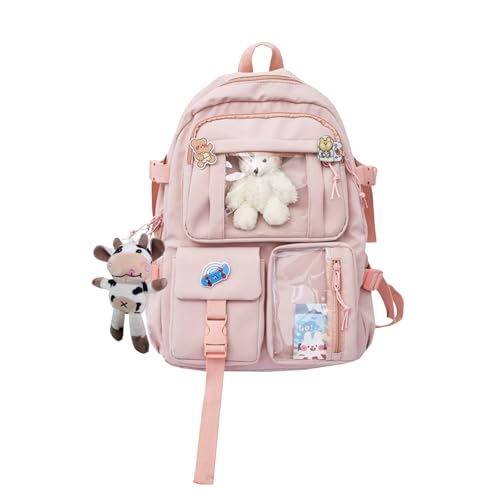 NICOLE & DORIS Rucksack Damen Niedlicher Schulrucksack Daypack Kawaii Rucksack Reise mit Mehreren Taschen und Plüschpuppen College Backpack für Mädchen Rosa von NICOLE & DORIS