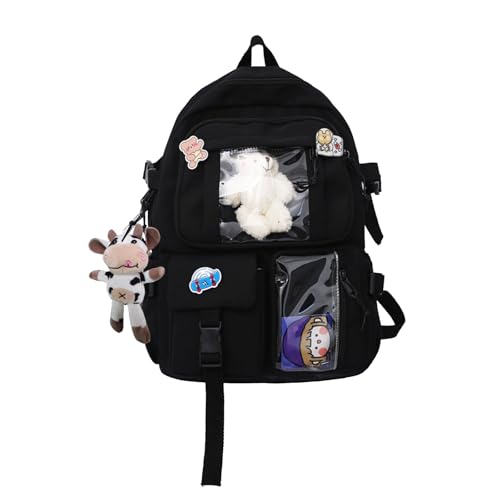 NICOLE & DORIS Rucksack Damen Niedlicher Schulrucksack Daypack Kawaii Rucksack Reise mit Mehreren Taschen und Plüschpuppen College Backpack für Mädchen Schwarz von NICOLE & DORIS