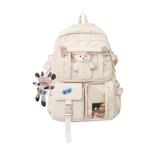 NICOLE & DORIS Rucksack Damen Niedlicher Schulrucksack Daypack Kawaii Rucksack Reise mit Mehreren Taschen und Plüschpuppen College Backpack für Mädchen Weiß von NICOLE & DORIS