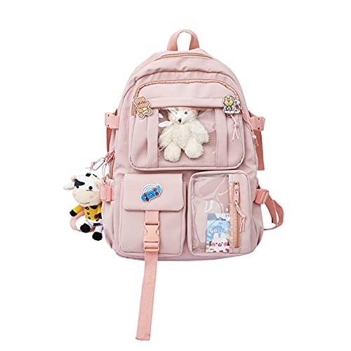 NICOLE & DORIS Rucksack Damen Niedlicher Schulrucksack Daypack Kawaii Rucksack Reise mit Mehreren Taschen und Plüschpuppen College Rucksack für Mädchen Rosa von NICOLE & DORIS