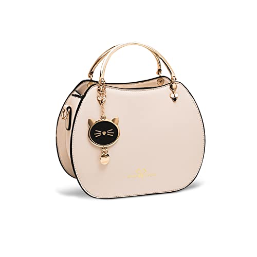 NICOLE & DORIS Runde Umhängetasche Damen Handtasche Klein Tasche Mode Crossbody Bag Damen PU Leder Henkeltasche Niedlich Schultertaschen Handytasche mit Katze Anhänger Beige von NICOLE & DORIS