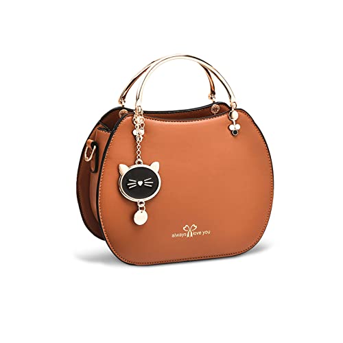 NICOLE & DORIS Runde Umhängetasche Damen Handtasche Klein Tasche Mode Crossbody Bag Damen PU Leder Henkeltasche Niedlich Schultertaschen Handytasche mit Katze Anhänger Braun von NICOLE & DORIS