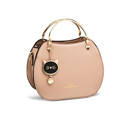 NICOLE & DORIS Runde Umhängetasche Damen Handtasche Klein Tasche Mode Crossbody Bag Damen PU Leder Henkeltasche Niedlich Schultertaschen Handytasche mit Katze Anhänger Khaki von NICOLE & DORIS