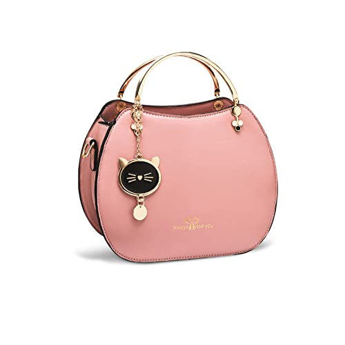 NICOLE & DORIS Runde Umhängetasche Damen Handtasche Klein Tasche Mode Crossbody Bag Damen PU Leder Henkeltasche Niedlich Schultertaschen Handytasche mit Katze Anhänger Rosa von NICOLE & DORIS