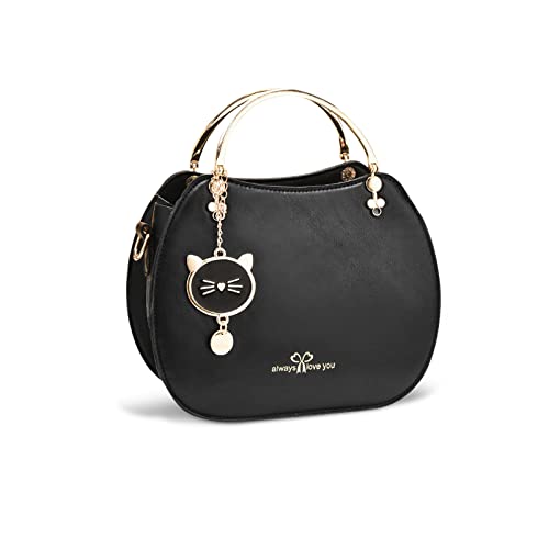 NICOLE & DORIS Runde Umhängetasche Damen Handtasche Klein Tasche Mode Crossbody Bag Damen PU Leder Henkeltasche Niedlich Schultertaschen Handytasche mit Katze Anhänger Schwarz von NICOLE & DORIS
