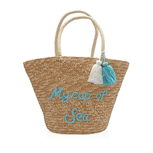 NICOLE & DORIS Sommer Stroh Griffe Handtasche,Strandtasche Groß Damen Leichte Gewebte Tragetasche Damen für Strand Reise Einkauf Urlaub Blaue Buchstaben von NICOLE & DORIS