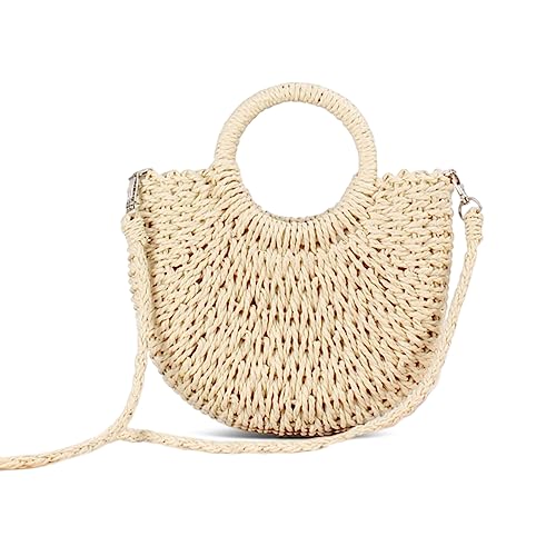 NICOLE & DORIS Strandtasche Damen Stroh Handtasche Runde Umhängetasche Sommer Strandtasche Handgewebte Tasche Top Griff Stroh Handtasche Geldbörse Beige von NICOLE & DORIS