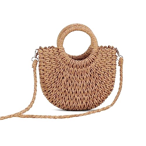 NICOLE & DORIS Strandtasche Damen Stroh Handtasche Runde Umhängetasche Sommer Strandtasche Handgewebte Tasche Top Griff Stroh Handtasche Geldbörse Braun von NICOLE & DORIS