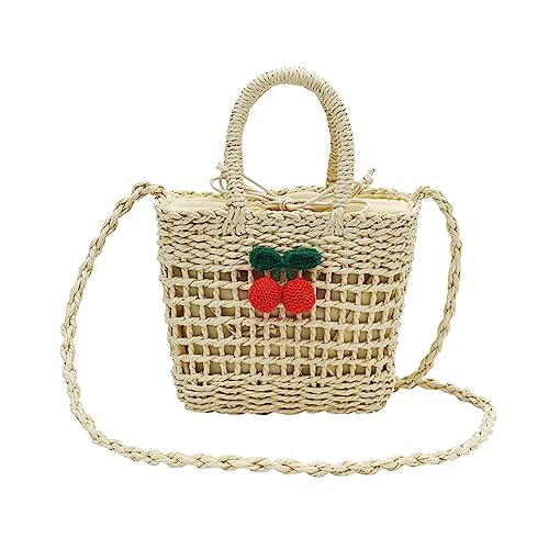 NICOLE & DORIS Stroh Umhängetasche Damen Strohtaschen Sommer Strandtasche Schultertasche Klein Handy Handtasche Mädchen Gewebte Tasche Eimertasche für Urlaub Reisen Beige + Kirsche von NICOLE & DORIS