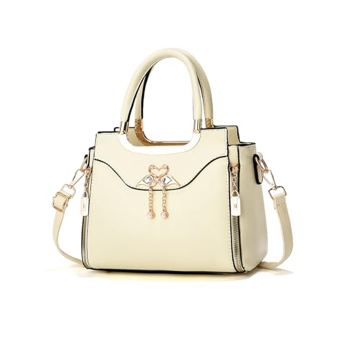 NICOLE & DORIS Tasche Damen Klein Elegant Handtaschen Umhängetasche PU Leder Schultertaschen Designer Handtasche mit Anhänger Henkeltasche Beige von NICOLE & DORIS