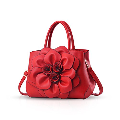 NICOLE & DORIS Handtaschen Damen Klein Elegante Damen Schultertaschen PU Leder Designer Umhängetasche Blumenhandtasche Rot von NICOLE & DORIS