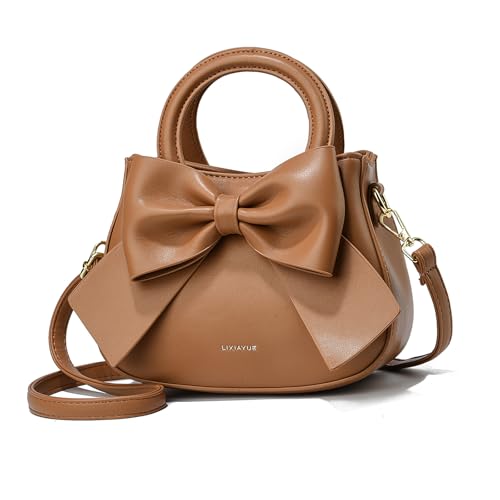 NICOLE & DORIS Umhängetasche für Damen Kleine Handtaschen mit Schleife Henkeltasche PU Leder Niedliche Schultertasche Mädchen Crossbody Bag Satchel Tasche Braun von NICOLE & DORIS