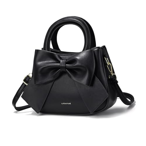 NICOLE & DORIS Umhängetasche für Damen Kleine Handtaschen mit Schleife Henkeltasche PU Leder Niedliche Schultertasche Mädchen Crossbody Bag Satchel Tasche Schwarz von NICOLE & DORIS