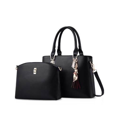 Nicole & Doris 2025 PU Leder Handtasche + Schultertasche 2ST Set Tote praktische Handtasche mit Schmuck für Mädchen (Schwarz) von NICOLE & DORIS