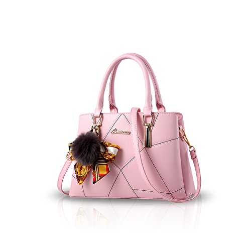 NICOLE & DORIS Handtasche Damen Schultertasche Mittelgroß Umhängetasche PU Leder Shopper Tasche Einfach Henkeltasche mit Anhänger Rosa von NICOLE & DORIS