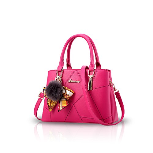 NICOLE & DORIS Handtasche Damen Schultertasche Mittelgroß Umhängetasche PU Leder Shopper Tasche Einfach Henkeltasche mit Anhänger Rosen-Rot von NICOLE & DORIS