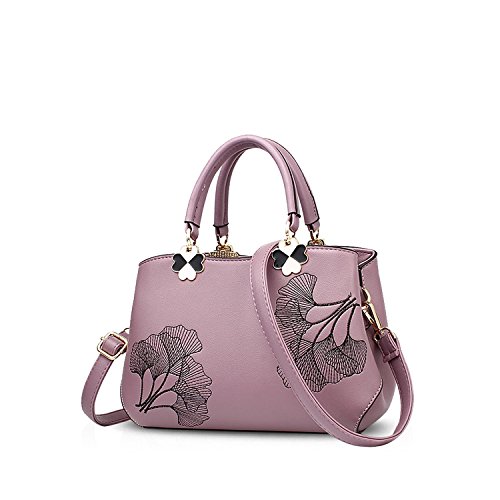 Nicole&Doris Frauen Blumen Top Handle Handtaschen Umhängetasche Crossbody Tasche Tote Damen Satchel PU Leder Blatt Lila von NICOLE & DORIS