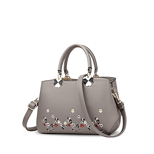 Nicole&Doris Frauen Blumen Top Handle Handtaschen Umhängetasche Crossbody Tasche Tote Damen Satchel PU Leder Blume Grau von NICOLE & DORIS