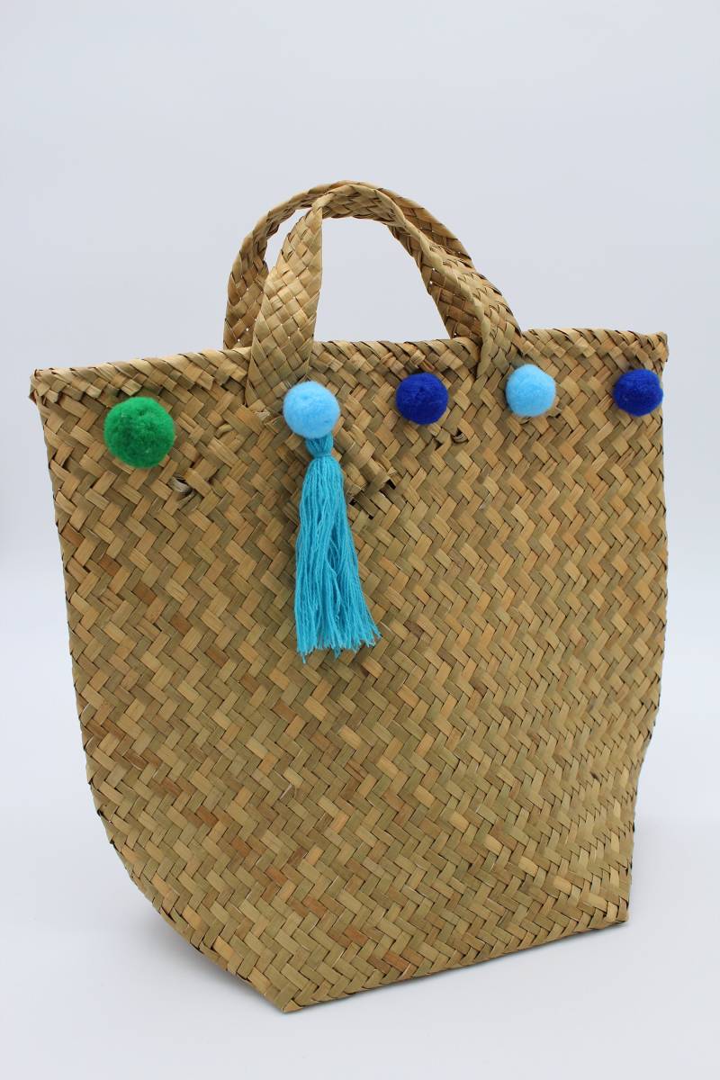Wunderschöne Basttasche, Handgeflochten, Rundum Mit Farbigen Pompons Verziert von NICOLEsSELECTION