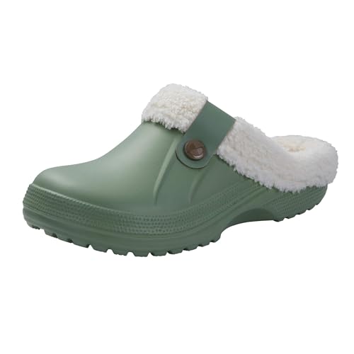 NIDDISLIP Unisex Winter Pelz Gefüttert Clogs Schuhe Gepolsterte Fleece Clogs Indoor Outdoor Fuzzy Slippers Comfy Memory Foam Fluffy Gefüttert Clogs Garten Wasserdicht Pantoletten, Grün, 4-5 US Women/3 von NIDDISLIP