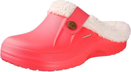 NIDDISLIP Unisex Winter Pelz Gefüttert Clogs Schuhe Gepolsterte Fleece Clogs Indoor Outdoor Fuzzy Slippers Comfy Memory Foam Fluffy Gefüttert Clogs Garten Wasserdicht Pantoletten, Rot, 6-6.5 US Women von NIDDISLIP